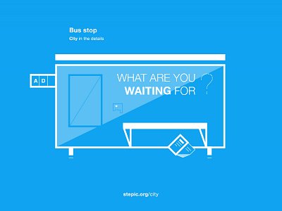 City in the details: Bus stop blue bus bus stop city details line art stop wait white