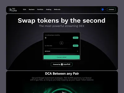 Teo Super dark-mode landing page blockchain crypto crypto investment crypto website interface dark mode ui web design decentralized finance decentralized trading defi wallet digital finance web design landing page minimalistic landing page modern finance app next gen finance teosuper token staking token swap ui ui design for web ui ux ux