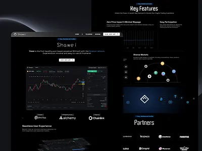 Landing page design for Shawei ai chatbot ai powered trading blockchain finance crypto crypto trading crypto website design dark mode ui interface defi tools intuitive ux landing page liquidity pools next gen finance perpetual trading shawei ui ux ux landing page design ux ui web design web interface