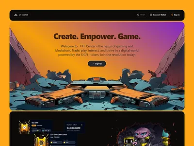 Landing page for GFI Center gaming space animated nft website animated ui web interface crypto gaming decentralized gaming digital finance futuristic fintech web futuristic gaming game powered finance gfi token landing page landing page design for gaming nft nft marketplace nft themed web design ui ui ux ux ux design web design for nft trading web3 gaming