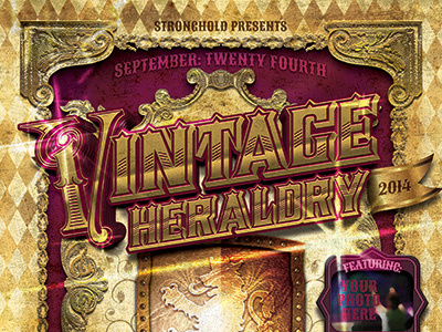 Vintage Heraldry Crest Flyer Template distressed elegant gold golden grunge heraldry larping pattern renaissance renaissance fair scrollwork sparkle