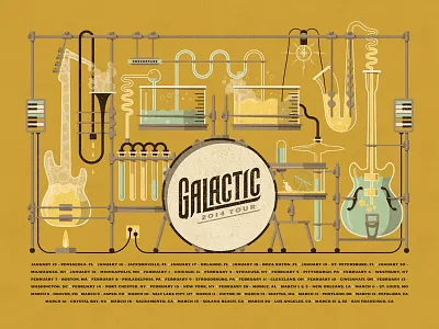 Galactic // 2014 Tour Poster bass chemistry dan kuhlken drums galactic guitar lab nathan goldman saxophone trumpet vector