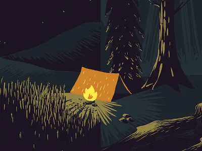 Camp Site camp fire glow grass illustration tent