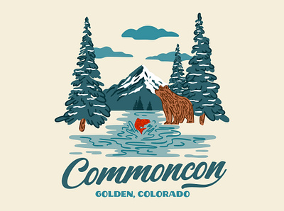 Commoncon Company Retreat Shirt Design bear illustration merch mountains outdoor procreate river tshirt typography