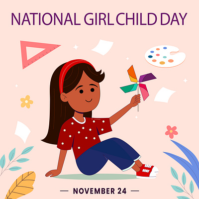 NATIONAL GIRL CHILD DAY adobe illustrator beautiful design care delicate doll empowerment female girl girl child day girlhoog graphic design greeting happiness hope illustration international national nature pink pretty