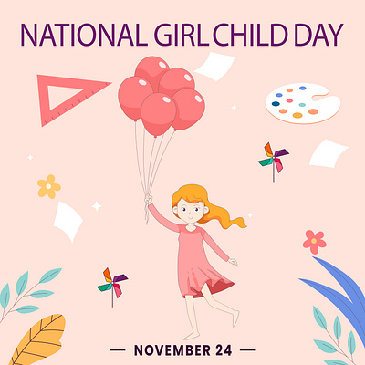 NATIONAL GIRL CHILD DAY adobe illustrator ballons beautifull branding child delicate doll female girl girl child day girlish graphic design illustration international january national pink pretty typography vector