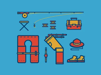 Gone Fishing Final boots fishing hat illustration lifejacket reel tackle box watch