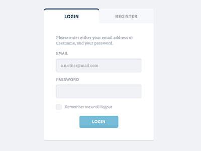 Login or Register blue button cabin form grey input login roboto slab white