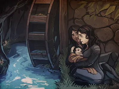 Waterwheel baby illustration painting pchat scene