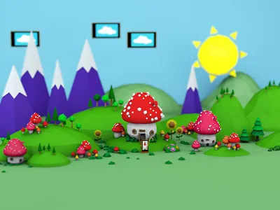 Mushroom Village c4d cinema 4d gnome low poly mushroom house spring