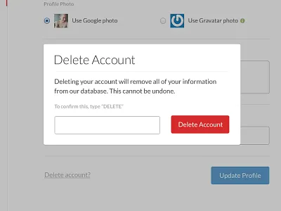Simple "Delete Account" Modal app delete delete account ebook liberio modal simple website