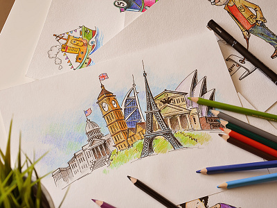 London-Moscow capitol eiffel handmade illustration london moscow odessa paper paris pencil ukraine