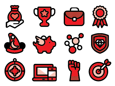 Icons for Life Coaching Programs briefcase compass connection disney emotional salary flying pig icons medal piggy bank shield target trophy