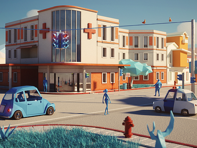 Production Frame 3d c4d car city design hospital lighting low poly octane shading staging street