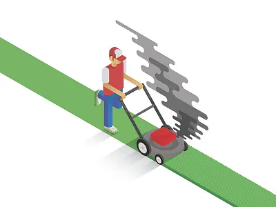 Lawn Mower Dude gas illustration isometric lawn mowing pollution smoke