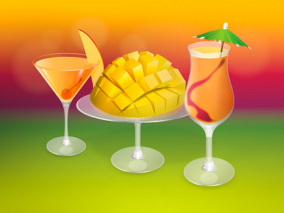 The other side of the mango... a few minutes later cocktail colorful exotic fruit glass gradient happy illustration leave mango umbrella vector