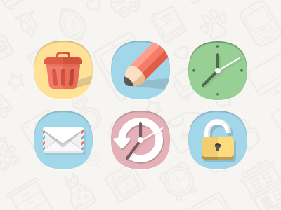 Playful icons clock flat icons lock mail pen refresh trash