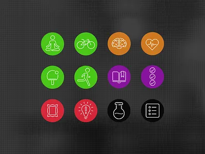 megavita icons book brain bulb cycle frame heart idea lab picture run tennis yoga