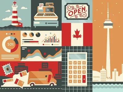 UPS Canada Small Biz Graphic buildings business canada city flat illustration lighthouse math register skyline vector