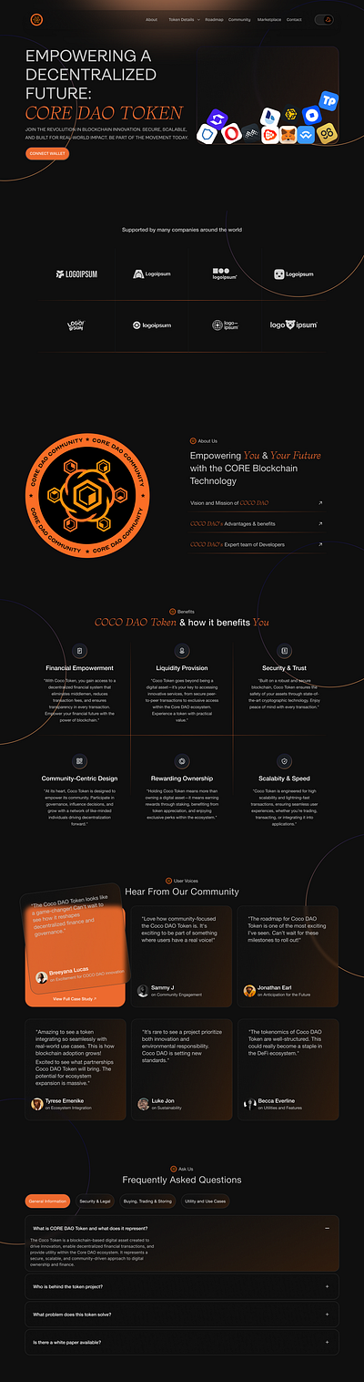 CORE DAO Token Landing Page black clean crypto dark theme desktop fintech minimalistic orange token ui web3