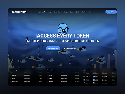 Landing page for Oceanarium trading market blockchain trading crypto crypto exchange crypto market trends crypto marketplace crypto solutions crypto swapping crypto wallet decentralized trading digital economy fun ui design landing page ocean themed ui oceanarium responsive design trading market design ui ux web3 platform