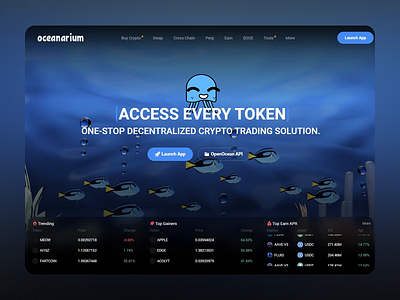 Landing page for Oceanarium trading market blockchain trading crypto crypto exchange crypto market trends crypto marketplace crypto solutions crypto swapping crypto wallet decentralized trading digital economy fun ui design landing page ocean themed ui oceanarium responsive design trading market design ui ux web3 platform