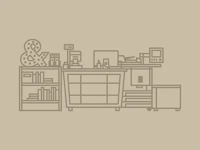 commonvision: UMBC Design & Print Center ampersand bookcase commonvision desk imac laser printer light line illustration océ printer pos