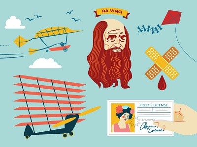 Illustrations For History Of Flight Infographic band aid da vinci face flight history illustration license pilot plane portrait vector