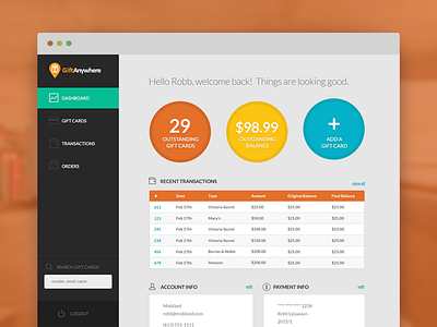 User Dashboard app colors dashboard gift anywhere gift card user account