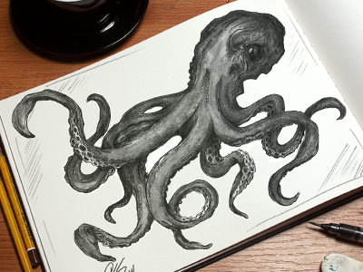 Octo Sketch hand drawn illustration ink mockup pencil sketch