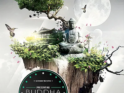 Buddha Sounds asian buddha calm flyer monk sakura statue tree