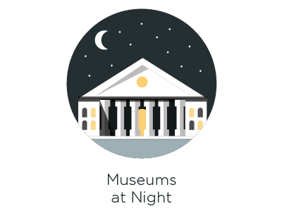 Museums at Night column crescent dark flat illustration light moon museum night shadow star window