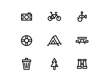 National Park Icons bike camera fishing geometric icons line national park tent tree