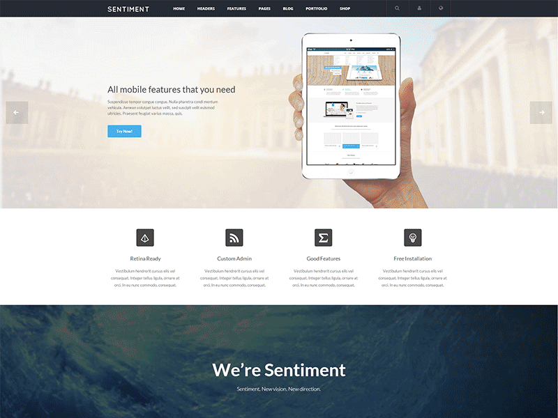 Sentiment - Retina Responsive Multi-Purpose WordPress Theme business corporate design galery portfolio psd responsive theme themeforest wordpress