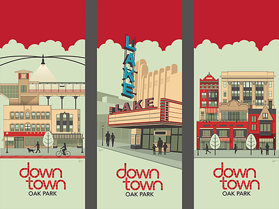 Downtown Oak Park architecture building downtown illustration marquee oak park people theater