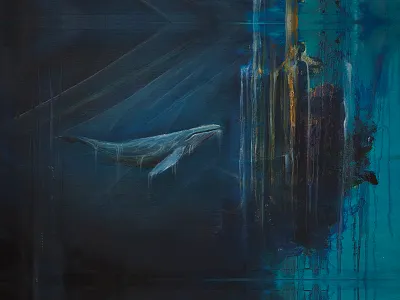 52 Hertz abstract animal art blue fish handmade illustration ocean painting sea underwater whale