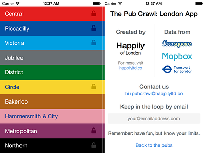 Pub Crawl: London Line Screen & About Screen about credits ios iphone london pub