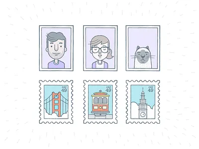 Stamps And Photos avatars cat clock icons illustrations photo san francisco stamp trolley