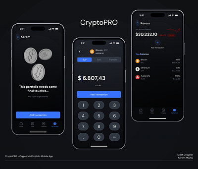 CryptoPro - My Portfolio Mobile App app banking bitcoin crypto crypto app dark design finance finance app minimal minimalist mobile money payment transfer ui ux wallet