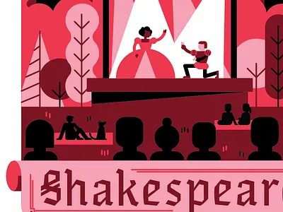 Shakespear(e) up in here actors audience chicago illustration outdoors park pink play shakespeare theater trees vector
