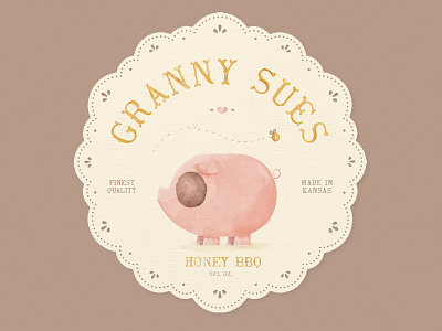 Granny Sue's Honey BBQ Sauce Label bbq bee doily grandma honey label old packaging pig sauce sydney goldstein watercolor