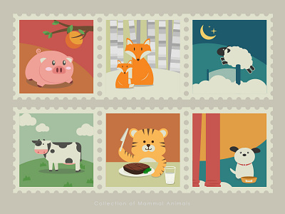 Stamps of mammal animals-3 animal cloud cow dog fox grassland mammal orange pet sheep stamp tiger