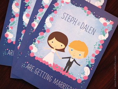 Illustrative Wedding Invites ~ Steph & Dalen aquarium belugas bride and groom character garden garden wedding illustration invites portraits roses wedding