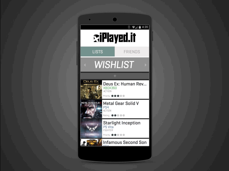 List swipe detail animation app flat gaming list mobile swipe