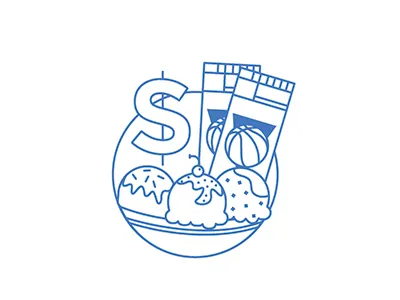 Benefits, Perks, & Activities basketball cherry ice cream icon illustration money sprinkles tickets