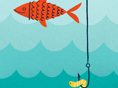 Fishy blue fish fishhook illustration waves worm