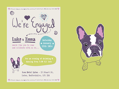 Engagement Party Invite art direction big ears diamond dog engagement engagement party french bulldog heart illustration invite pet print