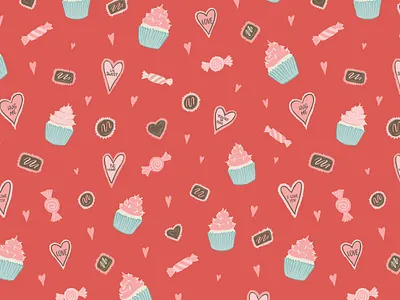 Sweet Valentines Candy Seamless Pattern art licensing candy chocolate cupcake cute design drawing happy valentines day heart illustration pattern design repeating pattern seamless pattern surface pattern design sweets type valentine valentines day