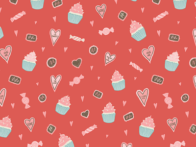 Sweet Valentines Candy Seamless Pattern art licensing candy chocolate cupcake cute design drawing happy valentines day heart illustration pattern design repeating pattern seamless pattern surface pattern design sweets type valentine valentines day