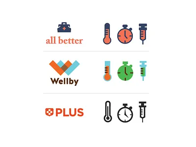 Icons in three concepts allan edgar healthcare icon logo medical stopwatch syringe thermometer timer